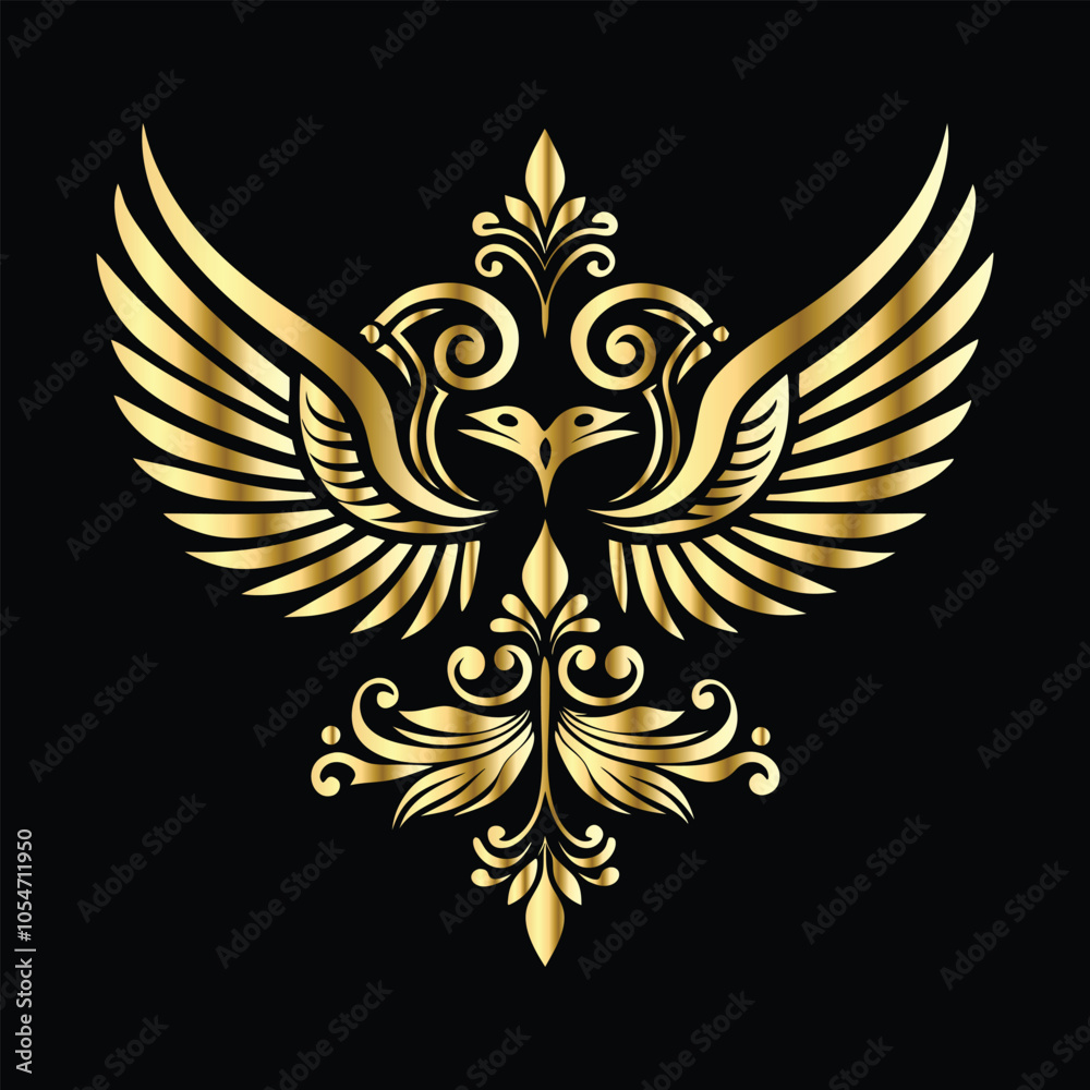 Fototapeta premium Royal Gold Wing Collection: Vintage Angel, Bird & Cupid Wing Icons in Decorative Black & Gold Frames, Perfect for Elegant Logos, Icon Sets, and Ornamental Designs 
