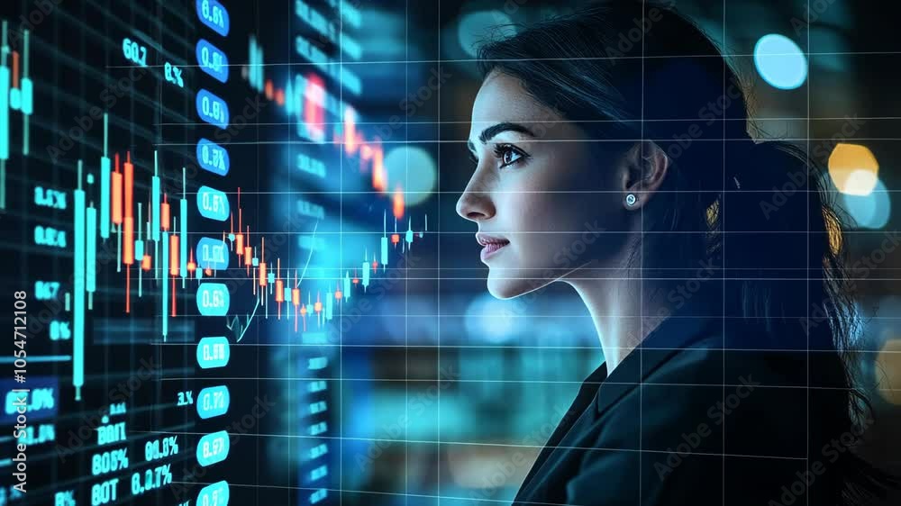 A woman looks intently at a screen displaying stock market data A woman looks intently at a screen displaying stock market data