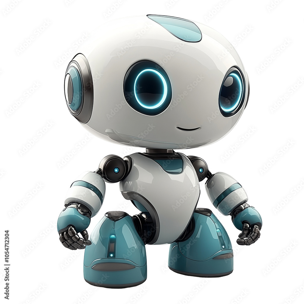 3D rendering of a cute futuristic robot with smooth lines and rounded edges, isolated on a clean background to highlight its playful and innovative design. 3D rendering of a cute futuristic robot with smooth lines and rounded edges, isolated on a clean background to highlight its playful and innovative design.