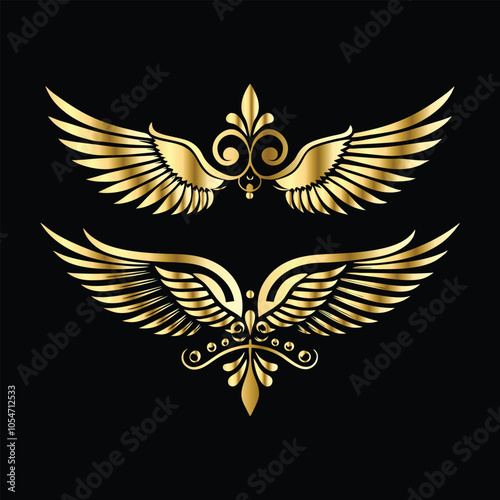 Golden Angel Wings: Vintage Frames & Decorative Icons with Cupid and Bird Wings
