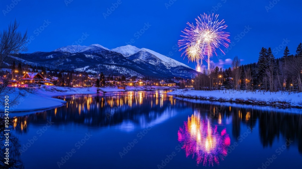 Obraz premium Vibrant Night Over Snowy Mountain and River Reflections