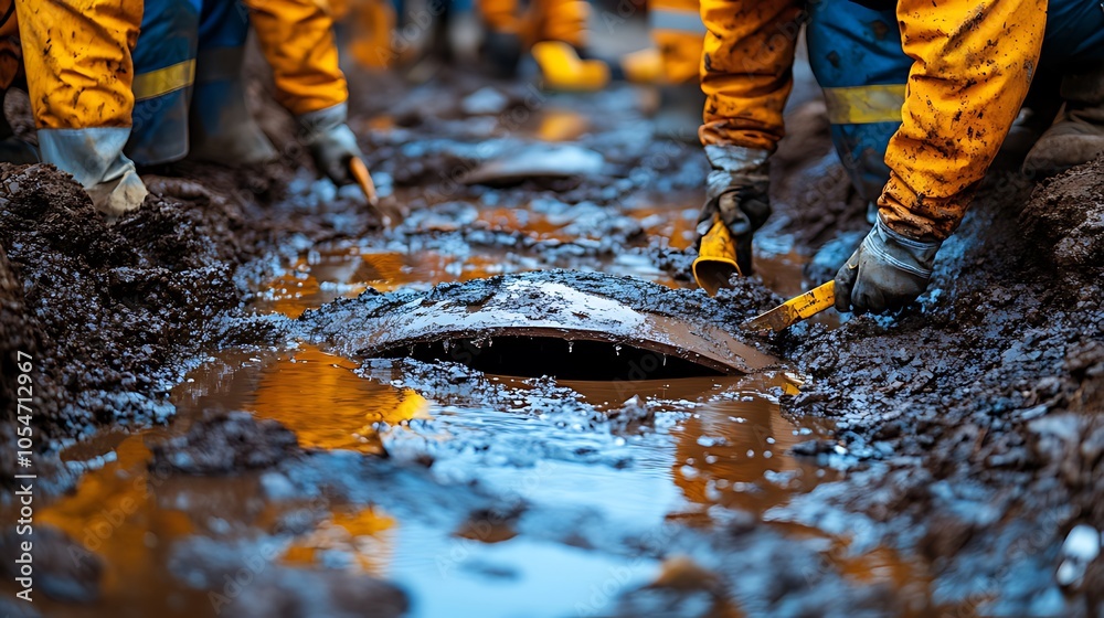 Workers in yellow and blue overalls working in mud and water, using shovels to cover a large metal drain. Workers in yellow and blue overalls working in mud and water, using shovels to cover a large metal drain.
