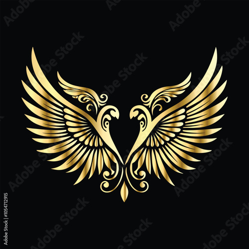 Royal Gold Wing Collection: Vintage Angel, Bird & Cupid Wing Icons in Decorative Black & Gold Frames, Perfect for Elegant Logos, Icon Sets, and Ornamental Designs
