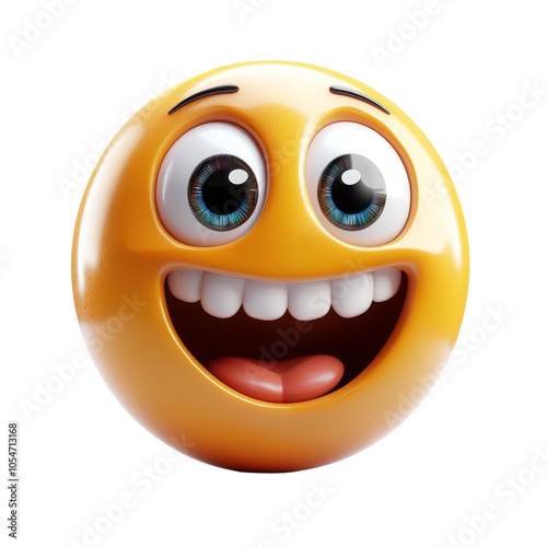 A 3D rendered emoji displaying a funny expression, characterized by large eyes and a wide smile, designed to bring a cheerful and lighthearted vibe.