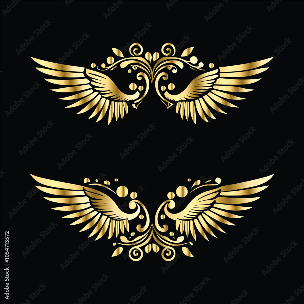 Fototapeta premium Royal Gold Wing Frames: Iconic Angel and Bird Wings in Decorative Silhouettes