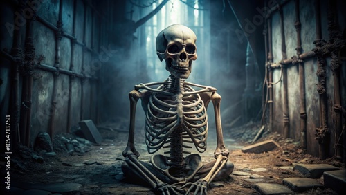 of a terrifying skeleton lurking in a dark and eerie environment, horror, skeleton, dark, scary, spooky, creepy, haunted photo