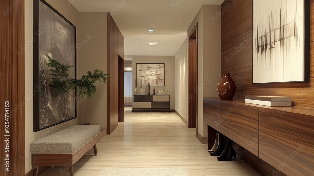 A modern hallway with a wooden decor, including a cozy desk, a stylish stand A modern hallway with a wooden decor, including a cozy desk, a stylish stand