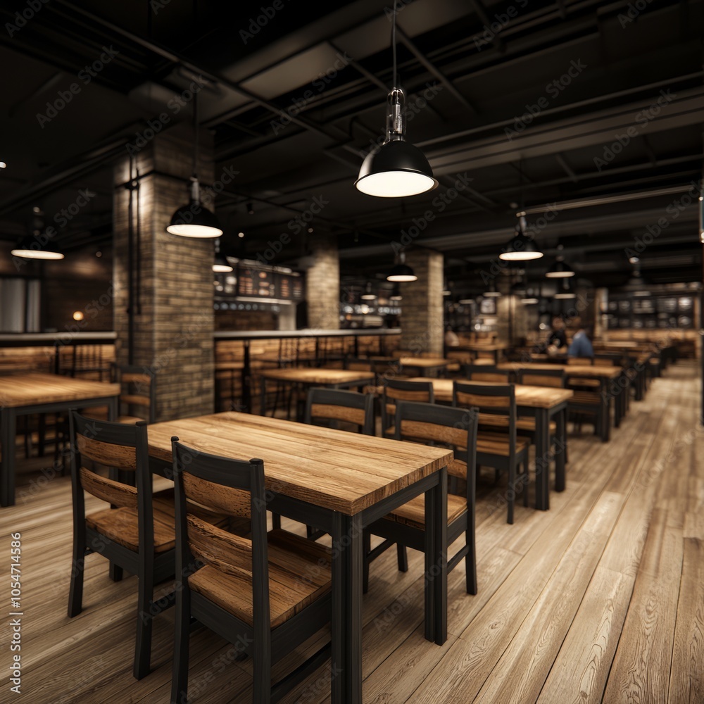 Modern restaurant interior with wooden tables and industrial lighting. Modern restaurant interior with wooden tables and industrial lighting.