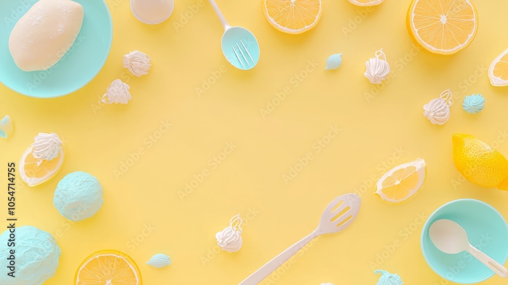 Flat lay with lemons, utensils, and dishes on a yellow background, with copy space in the center.