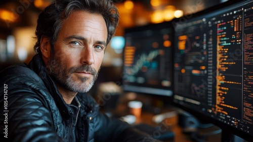 Middle-aged man analyzing data on multiple monitors in a modern workspace during the evening