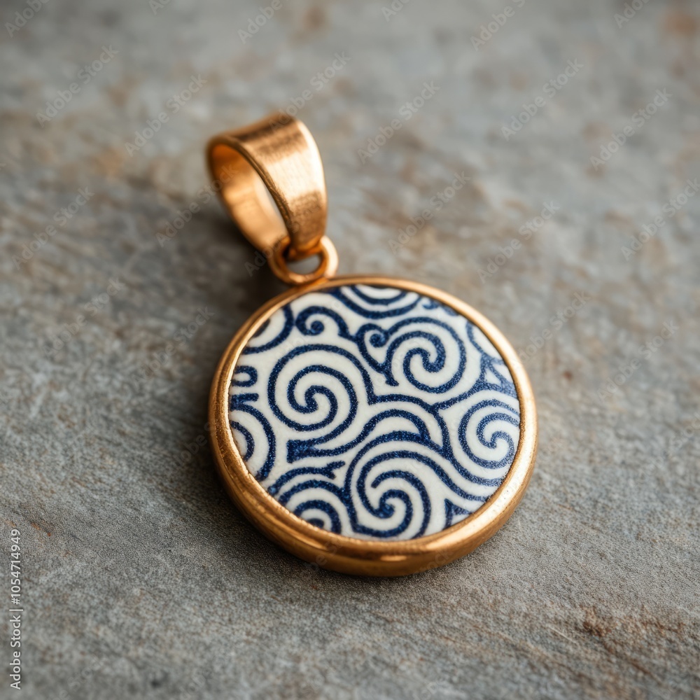 A decorative pendant featuring a blue and white swirling pattern. A decorative pendant featuring a blue and white swirling pattern.