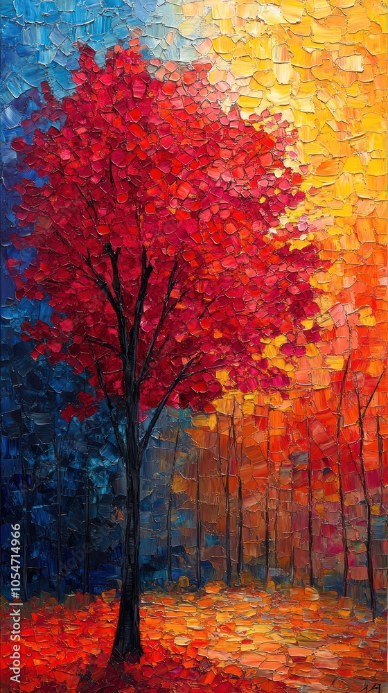 A Single Red Tree Stands Out in a Forest of Fall Colors