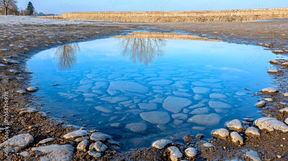 Tranquil Reflection in a Shallow Puddle on a Sandy Shore Tranquil Reflection in a Shallow Puddle on a Sandy Shore