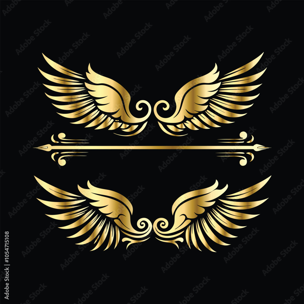 Obraz premium Royal Gold Wing Frames: Iconic Angel and Bird Wings in Decorative Silhouettes 