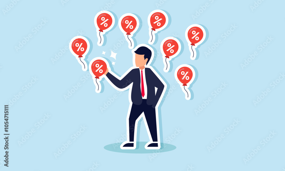 A businessman surrounded by discount balloons, holding one, illustration of awareness of price competition and discount promotions as a business strategy A businessman surrounded by discount balloons, holding one, illustration of awareness of price competition and discount promotions as a business strategy