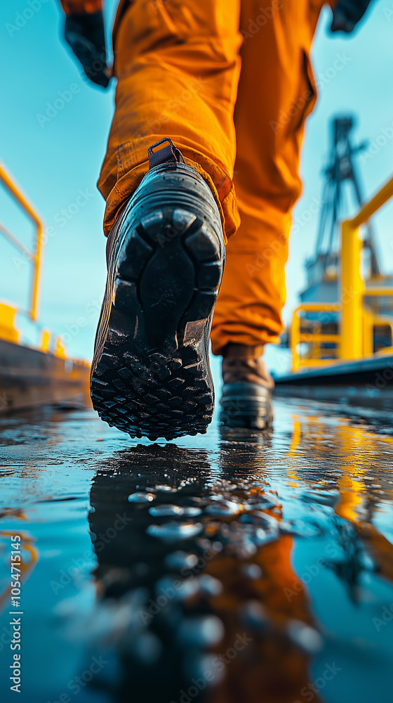 Close up of Offshore oil rig worker walks to an oil and gas facility to work in the process.
Close up of Offshore oil rig worker walks to an oil and gas facility to work in the process.