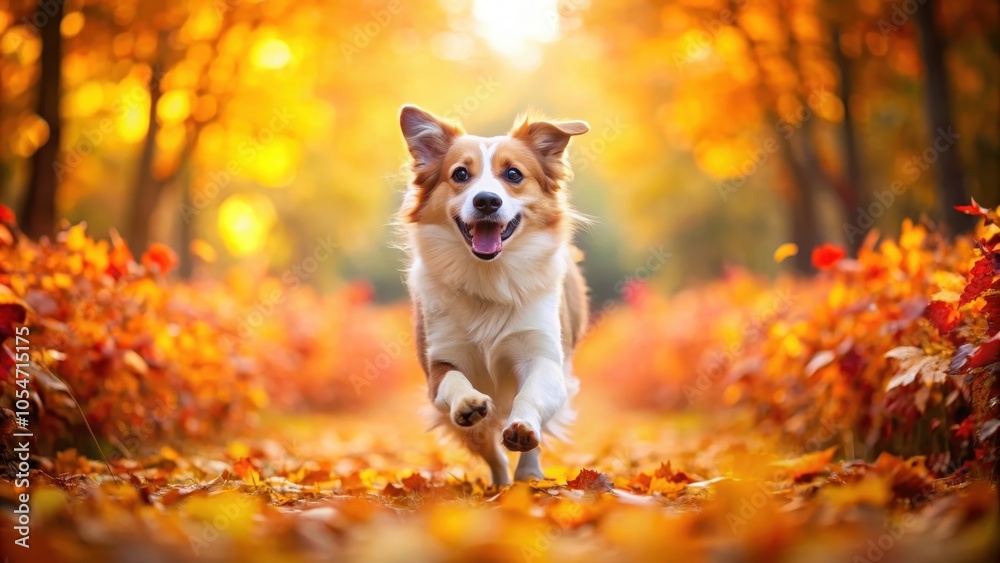 Cute happy dog running through a field of colorful autumn leaves, dog, pet, animal, happy, cute, running, autumn, leaves