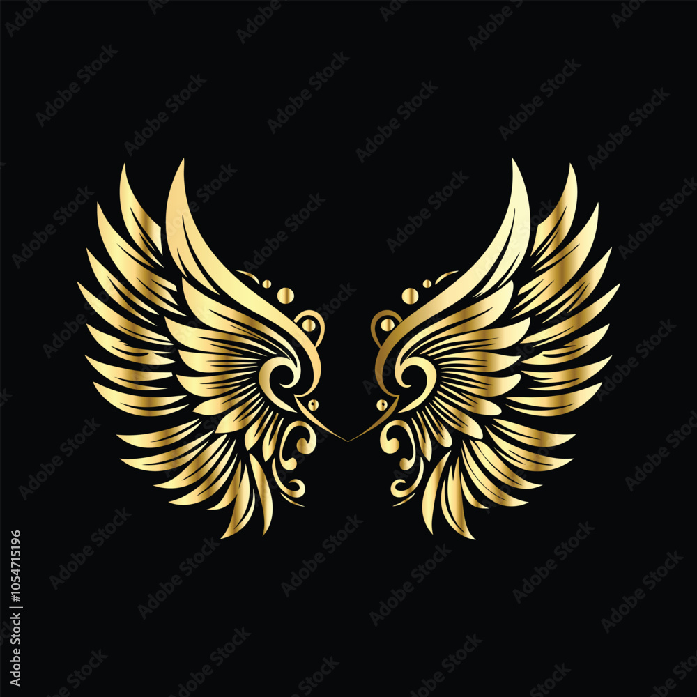 Fototapeta premium Royal Gold Wing Collection: Vintage Angel, Bird & Cupid Wing Icons in Decorative Black & Gold Frames, Perfect for Elegant Logos, Icon Sets, and Ornamental Designs 