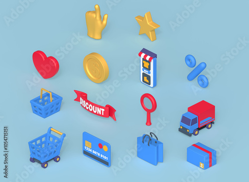 Online Store on Phone with Coins, Carts and Delivery Icons