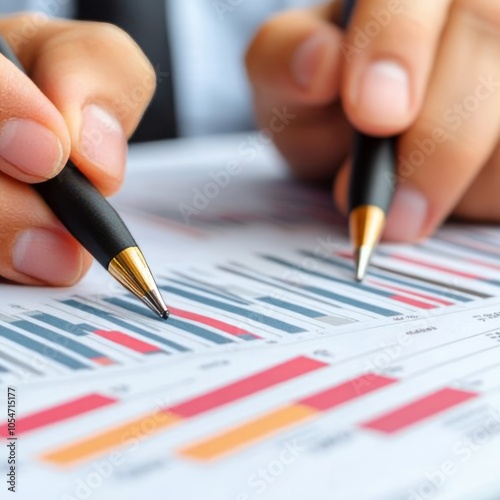 Hands holding pens over a document with various graphs and data analysis.