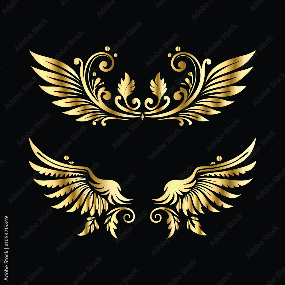 Obraz premium Royal Gold Wing Frames: Iconic Angel and Bird Wings in Decorative Silhouettes 