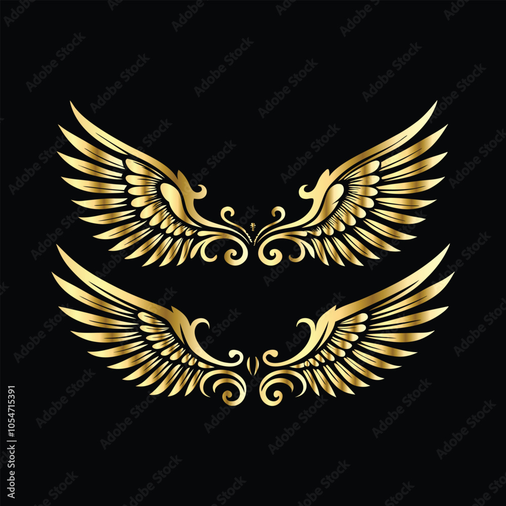 Fototapeta premium Royal Gold Wing Frames: Iconic Angel and Bird Wings in Decorative Silhouettes