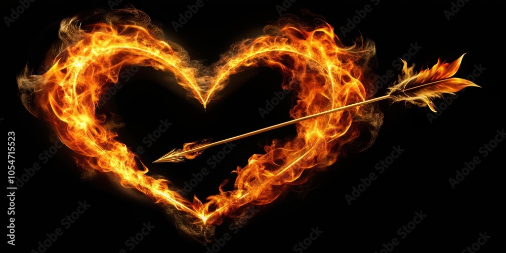 Fototapeta premium Heart arrow with fire on black background, , heart, arrow, fire, black background, passion, love, desire, passion, romance, flames