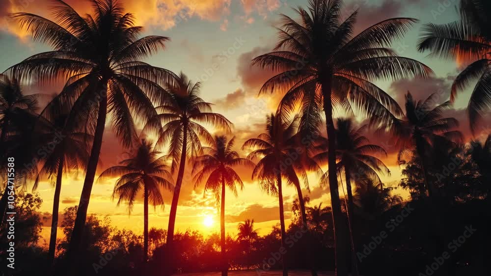 Palm trees stand tall against a vibrant sunset, casting long shadows on the ground Palm trees stand tall against a vibrant sunset, casting long shadows on the ground