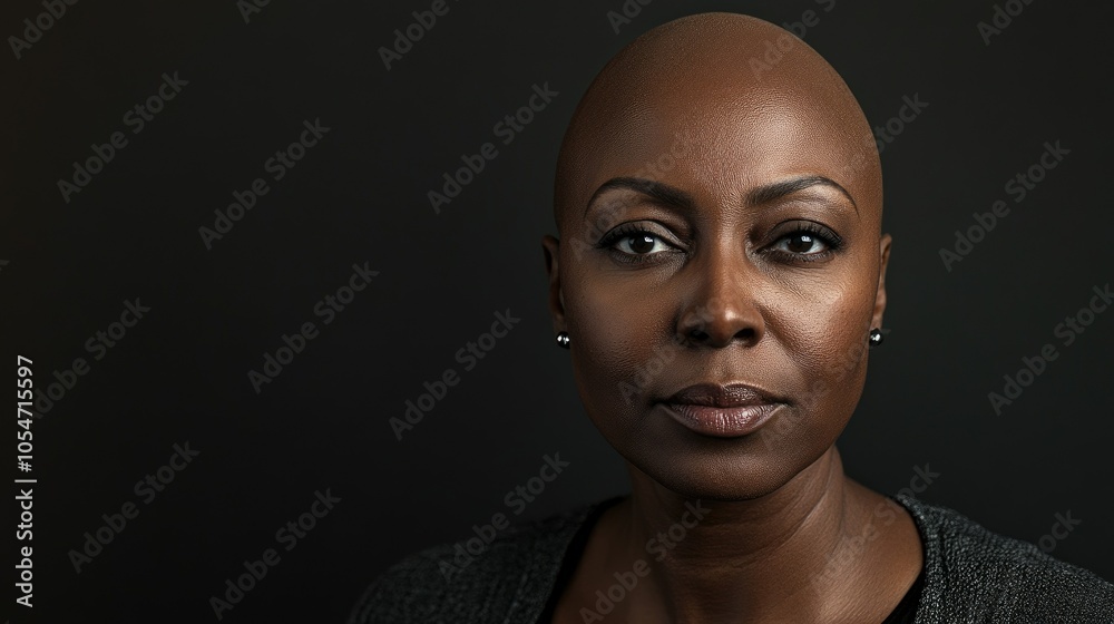 Portrait of a dark-skinned woman suffering from cancer after severe hair loss due to chemotherapy treatment Portrait of a dark-skinned woman suffering from cancer after severe hair loss due to chemotherapy treatment