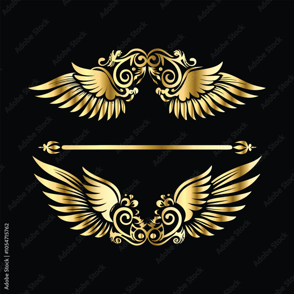 Fototapeta premium Elegant Gold Wing Frames: Vintage Angel & Cupid Silhouette Icon Collection 