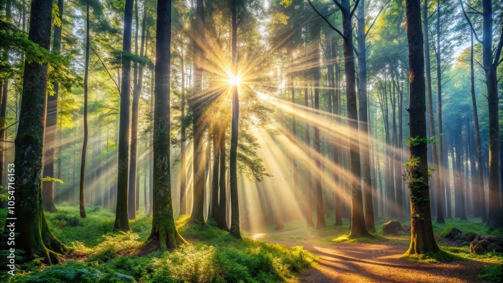 Obraz premium Sun rays filtering through the dense forest trees, creating a mystical and enchanting atmosphere in the woods, sunlight, trees