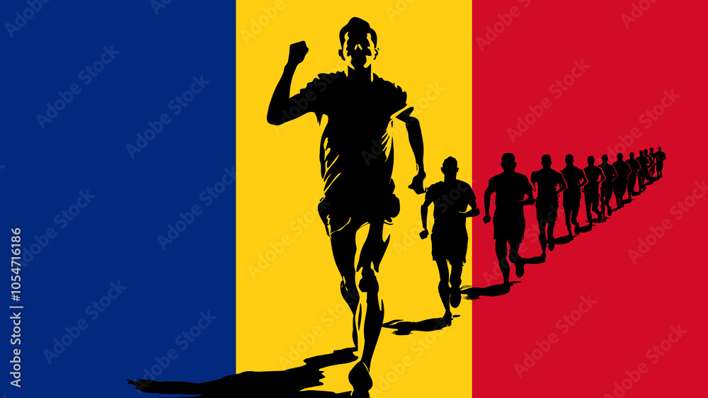 A Group of People Running Together on a Romanian Flag A Group of People Running Together on a Romanian Flag