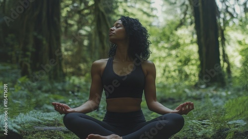 A young woman meditating in a forest, surrounded by lush green ferns and trees.