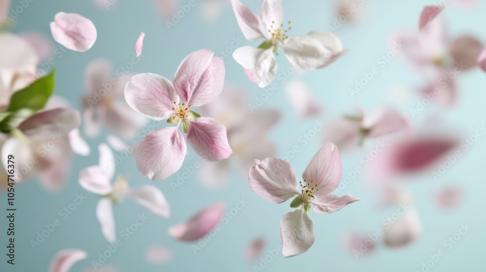 Obraz premium Blossoming apple petals flying through the air in a gentle spring breeze