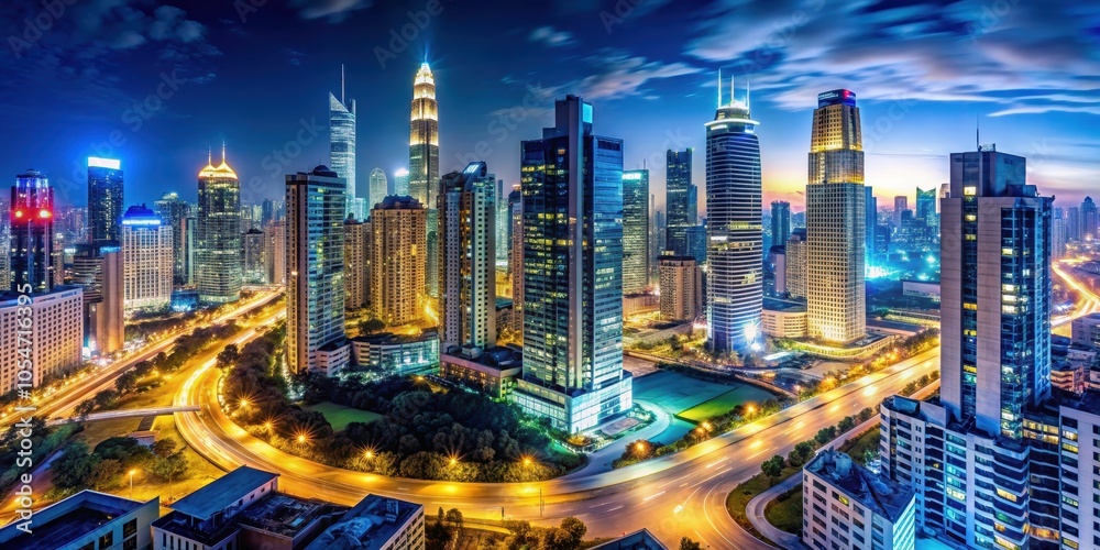 Obraz premium Vibrant urban night panorama with illuminated skyscrapers and bustling streets, cityscape