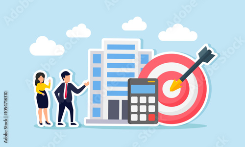 A business people standing next to an office building, target board, and calculator, illustration of explaining business performance to investors regarding business targets and financial