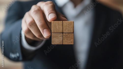 Businessman holds a wooden block in his hands. The concept of personnel selection and management within the team. Dismissal and hiring people to work. Human Resource Management. Leader selection. 
