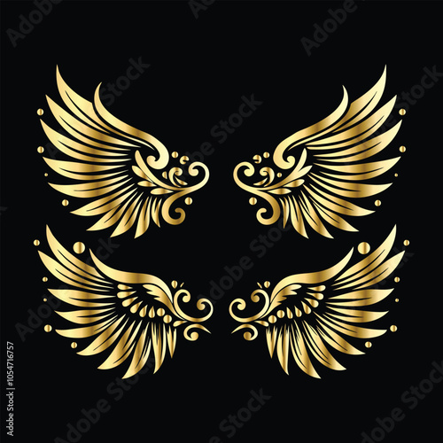 Royal Gold Wing Collection: Vintage Angel, Bird & Cupid Wing Icons in Decorative Black & Gold Frames, Perfect for Elegant Logos, Icon Sets, and Ornamental Designs
