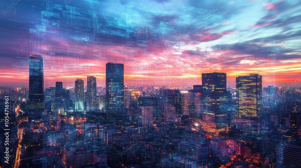 Obraz premium City skyline at twilight with an overlay of Generative AI patterns, creating a digital aura