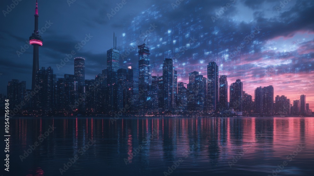 Fototapeta premium City skyline at twilight with an overlay of Generative AI patterns, creating a digital aura