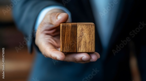 Businessman holds a wooden block in his hands. The concept of personnel selection and management within the team. Dismissal and hiring people to work. Human Resource Management. Leader selection. 