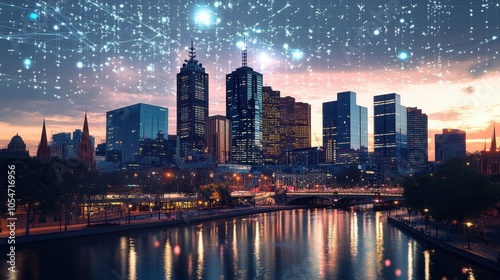 City skyline at twilight with an overlay of Generative AI patterns, creating a digital aura