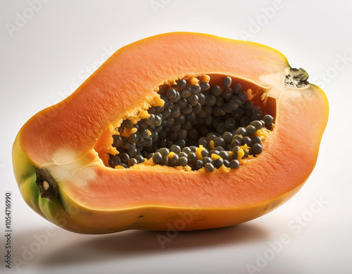 A halved papaya with vibrant orange flesh and numerous black seeds in the center photo