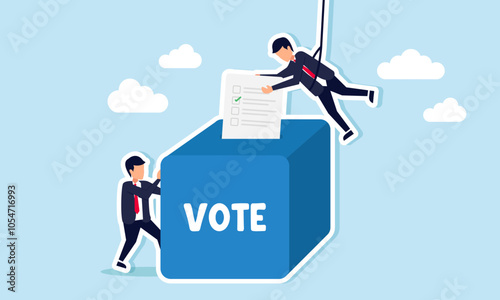 A businessman holding a ballot box while another hangs inserting a vote paper into it, illustration of teamwork in securing ballots for fairness