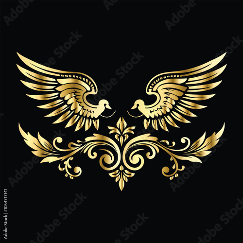 Royal Gold Wing Collection: Vintage Angel, Bird & Cupid Wing Icons in Decorative Black & Gold Frames, Perfect for Elegant Logos, Icon Sets, and Ornamental Designs
