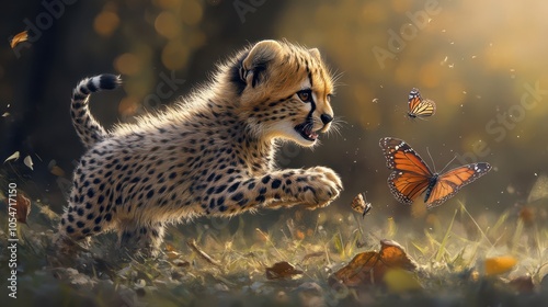 Cheetah Cub Chasing Butterflies in the Wild Its Playful Pursuit of Nature s Wonders photo