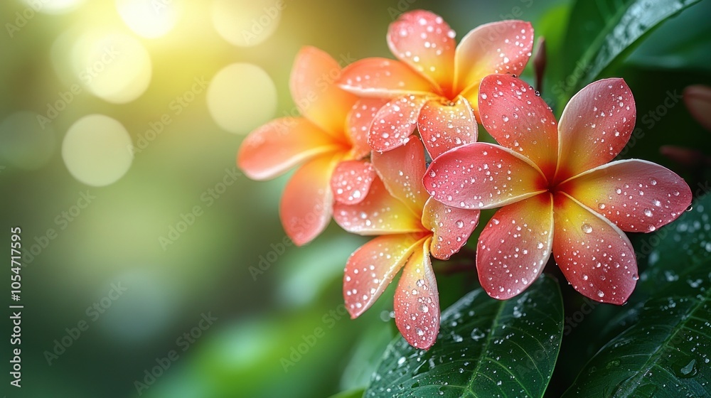 Fototapeta premium Vibrant pink and yellow flowers adorned with droplets on green leaves.