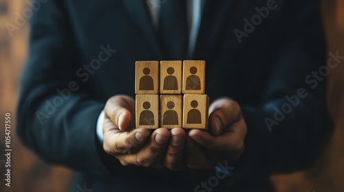 Businessman holds a wooden block in his hands. The concept of personnel selection and management within the team. Dismissal and hiring people to work. Human Resource Management. Leader selection. 