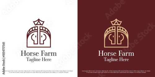 Horse farm logo design illustration. Silhouette of linear lines gate horse stallion colt crown animal rural agriculture rural rustic farmland. Simple minimal minimalist geometric abstract icon symbol.