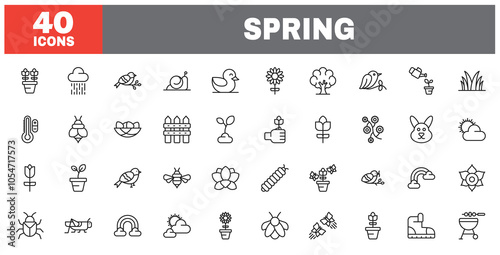 Set of 40 line icons spring. Outline icon collection. Editable stroke. Vector illustration.